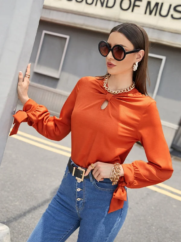 Elegant Plain Ruched Long Sleeve Keyhole Neckline Regular Blouse