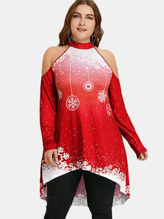 OEM ODM Crew Neck Cold Shoulder Printed Cut Out Long Sleeve High-Low Hem Red Plus Size Tops