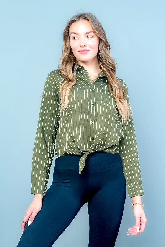 Striped Button Down Long Sleeve Spread Collar Crop Top Tie Front (CET1954)