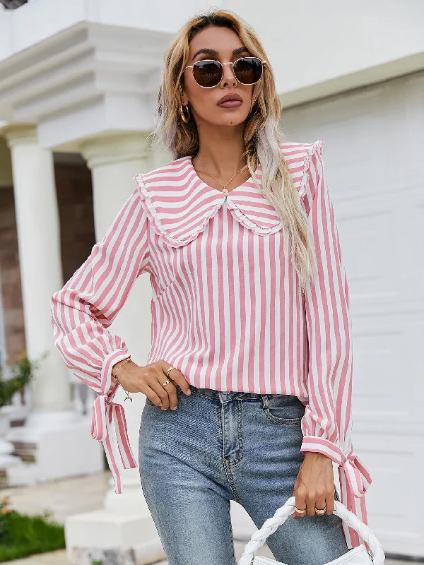 Cute Striped Lettuce Trim Long Sleeve Peter Pan Collar Regular Blouse