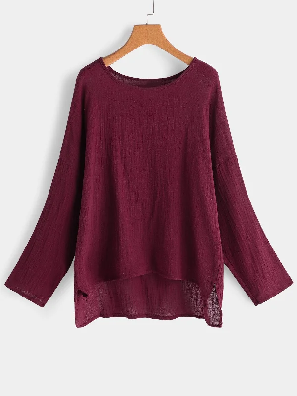 OEM ODM Round Neck Plain Long Sleeve High-Low Hem Burgundy Plus Size Tops