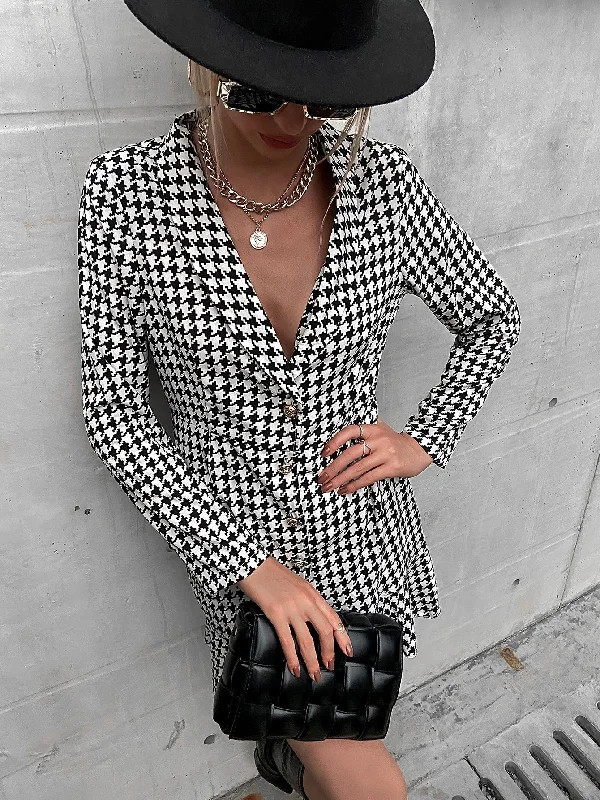 Elegant Houndstooth Button Front Long Sleeve Shawl Collar Long Women Blazer