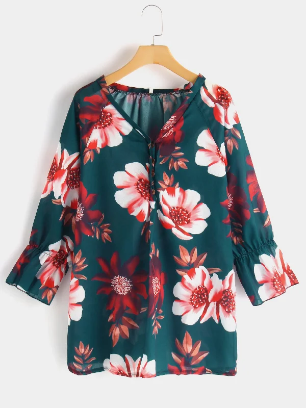 OEM ODM V-Neck Floral Print 3/4 Sleeve Green Plus Size Tops