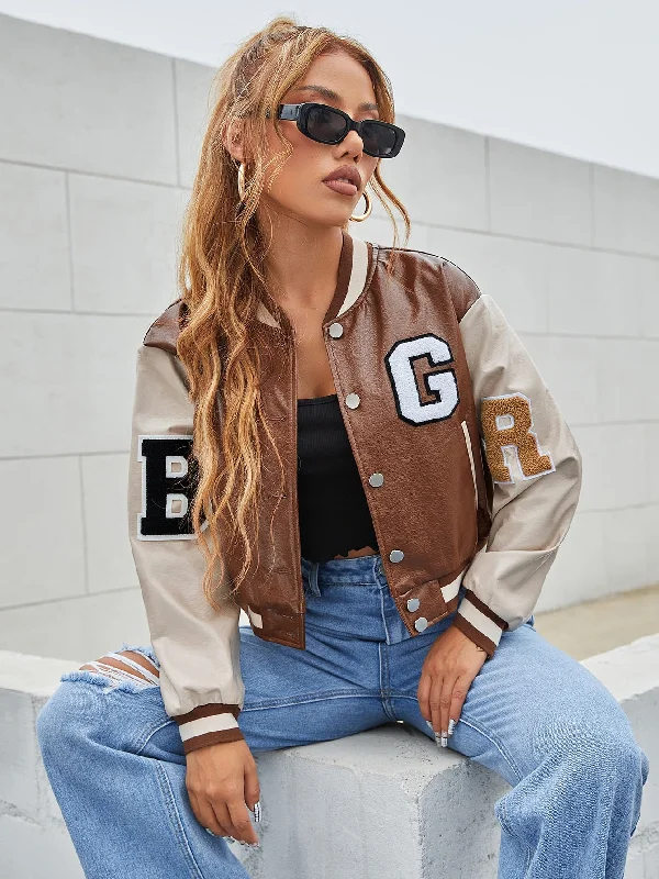 Casual Letter Button Front Long Sleeve Baseball Collar Crop Women Jacket