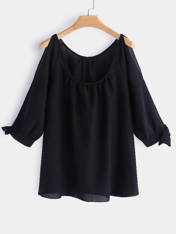 OEM ODM Round Neck Cold Shoulder Plain Self-Tie 3/4 Sleeve Irregular Hem Black Plus Size Tops