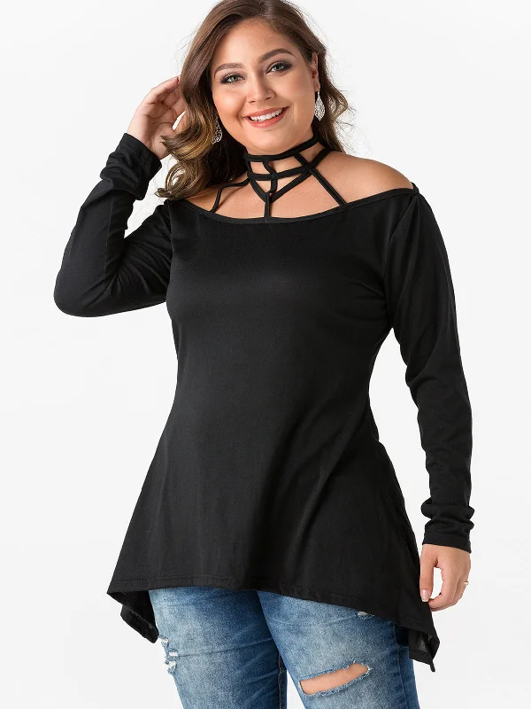 OEM ODM Off The Shoulder Plain Cut Out Long Sleeve Black Plus Size Tops