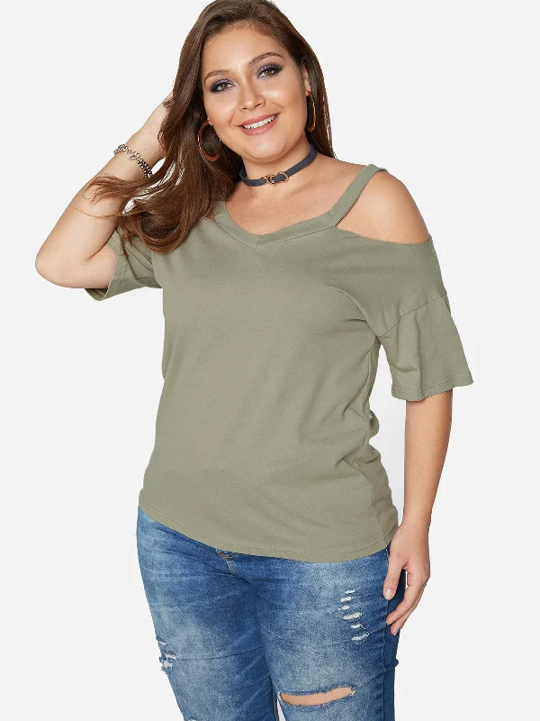 OEM ODM V-Neck Plain Hollow Half Sleeve Flounced Hem Plus Size Tops