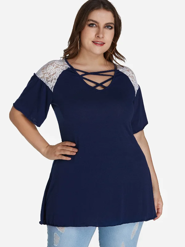 OEM ODM V-Neck Plain Lace Short Sleeve Dark Blue Plus Size Tops