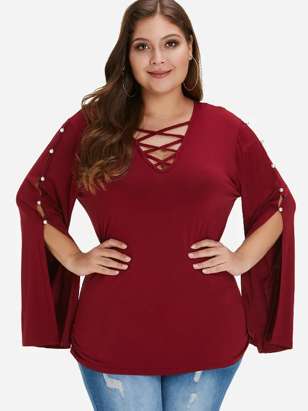 OEM ODM V-Neck Plain Handmade Beaded Slit Criss-Cross Long Sleeve Burgundy Plus Size Tops