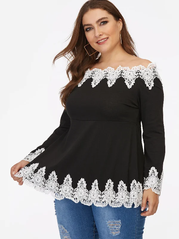 OEM ODM Off The Shoulder Plain Lace Long Sleeve Plus Size Tops