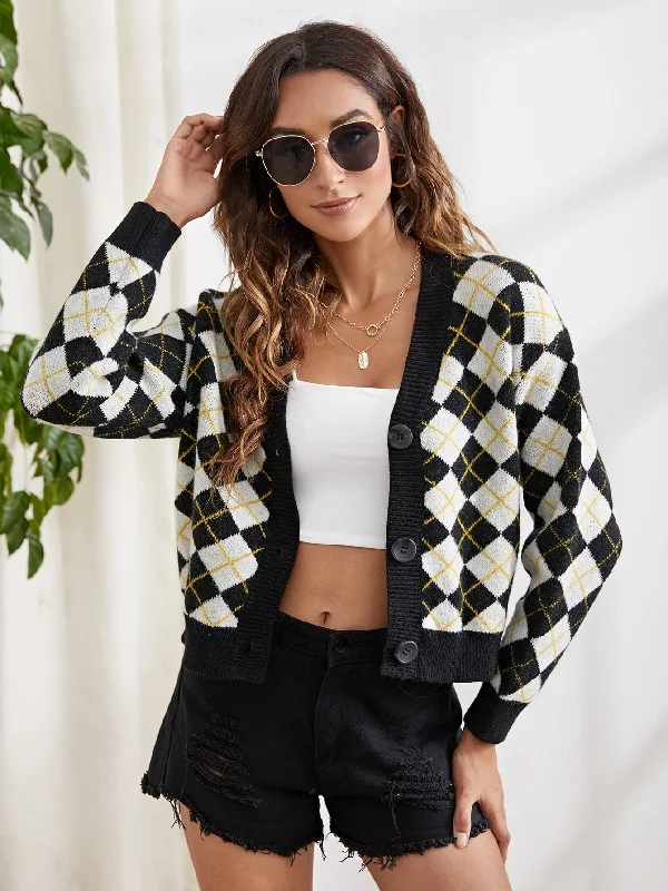 Casual Geometric Button Front Long Sleeve V Neck Crop Women Cardigan