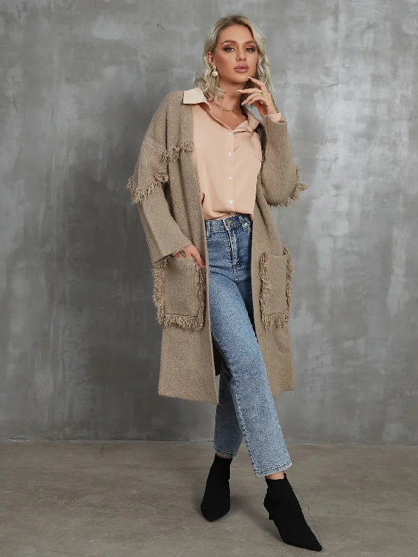 Casual Plain Pocket Long Sleeve Midi Women Cardigan