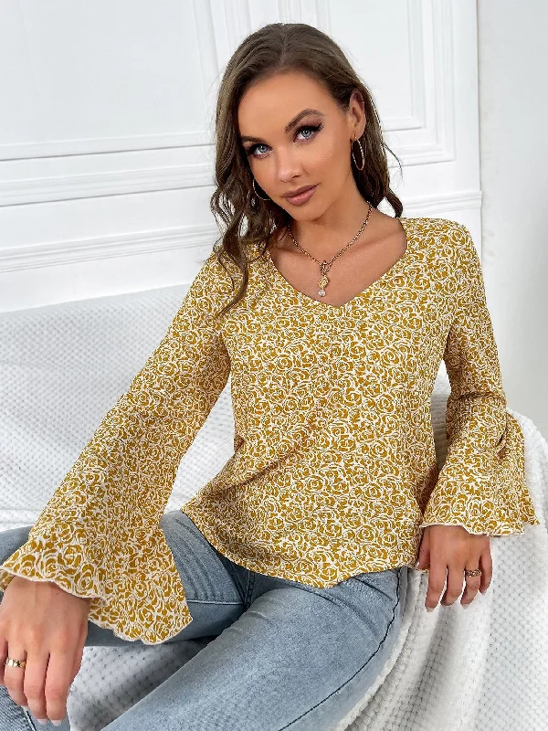 Casual All Over Print Long Sleeve V Neck Regular Blouse