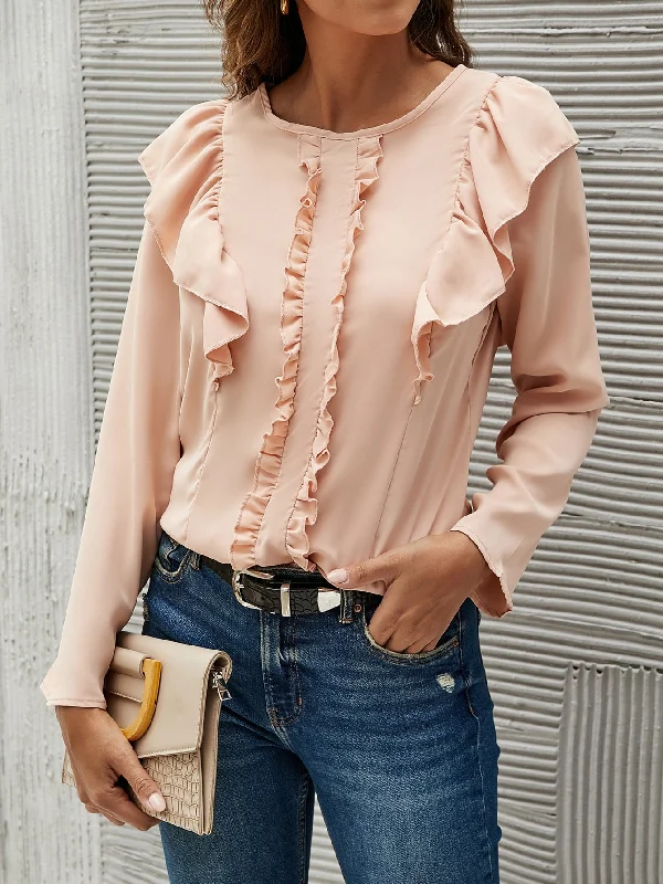 Cute Plain Button Long Sleeve Round Neck Regular Blouse