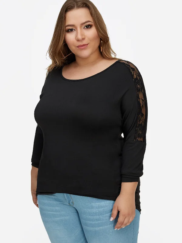 OEM ODM Round Neck Lace Backless Hollow See Through Long Sleeve Irregular Hem Plus Size Tops