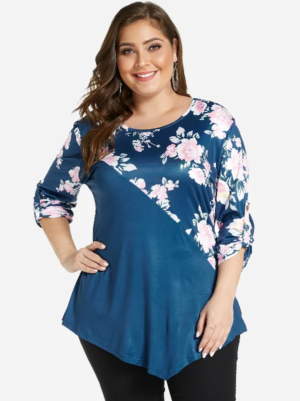 OEM ODM Round Neck Long Sleeve Handkerchief Hem Blue Plus Size Tops