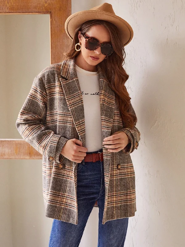 Plaid Double Button Long Sleeve Lapel Short Women Overcoat