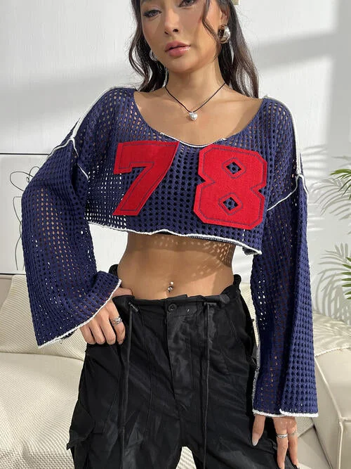 BerryBetty - Contrast Patches Long Sleeve Cropped Knit Long Sleeve Top