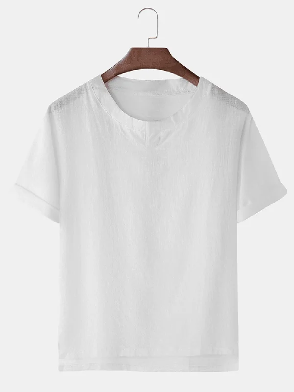 Mens Cotton Breathable V Neck Solid Color Casual T-Shirts