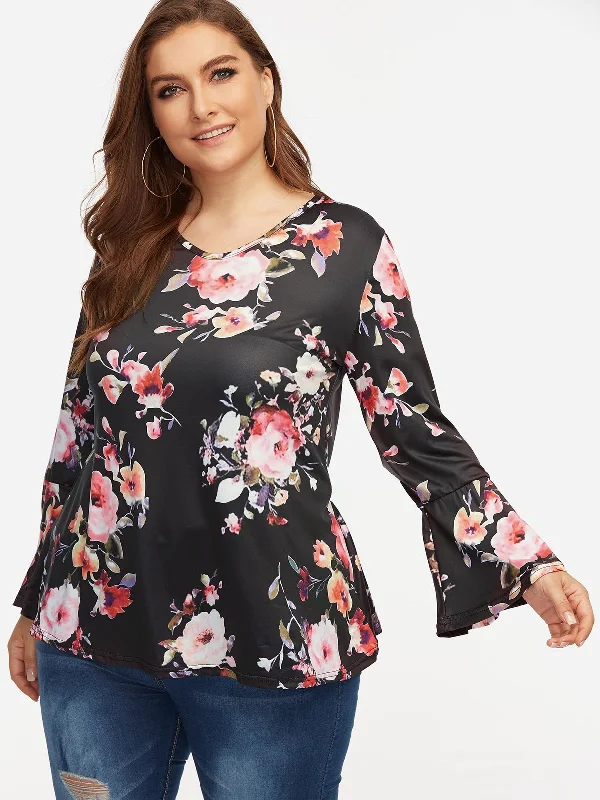 OEM ODM V-Neck Floral Print Long Sleeve Ruffle Hem Black Plus Size Tops