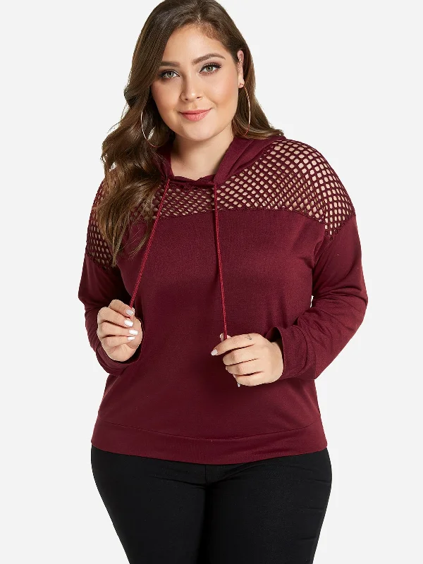 OEM ODM Plain Hooded Hollow Long Sleeve Burgundy Plus Size Tops