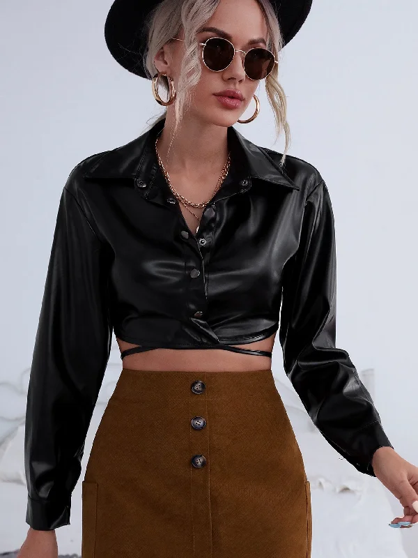 Glamorous Plain Button Front Long Sleeve Collar Crop Blouse