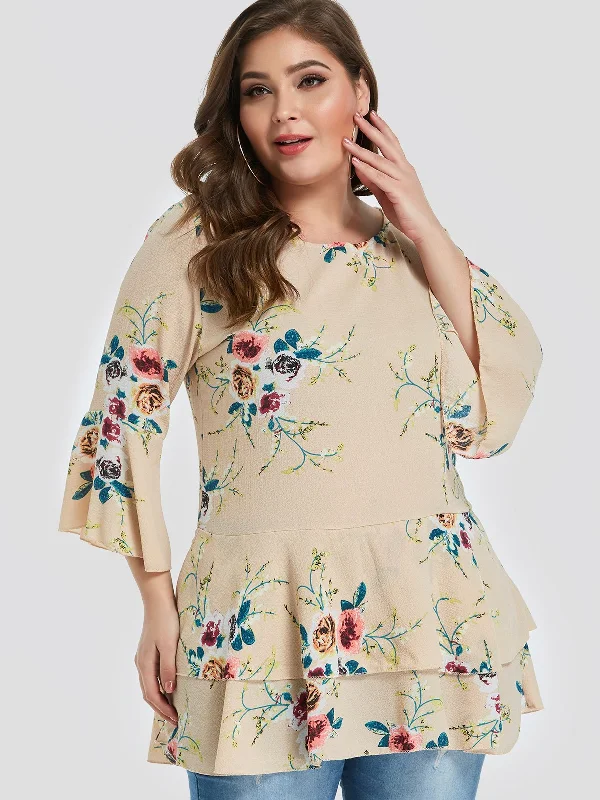 OEM ODM Round Neck Floral Print 3/4 Sleeve Flounced Hem Khaki Plus Size Tops