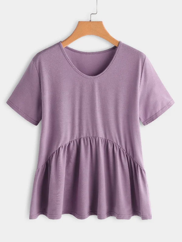 OEM ODM Round Neck Plain Pleated Short Sleeve Purple Plus Size Tops