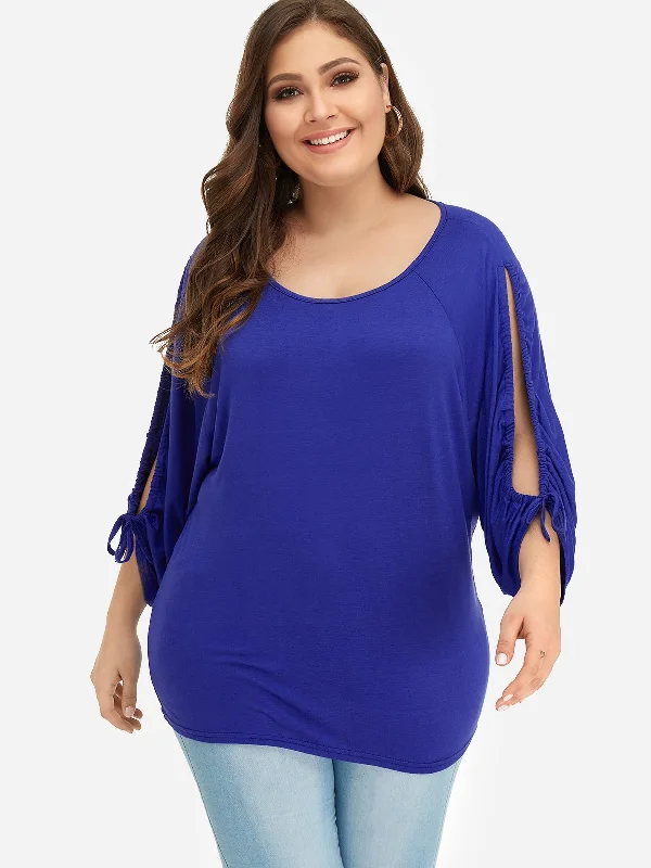 OEM ODM Round Neck Plain Cut Out Pleated 3/4 Sleeve Blue Plus Size Tops