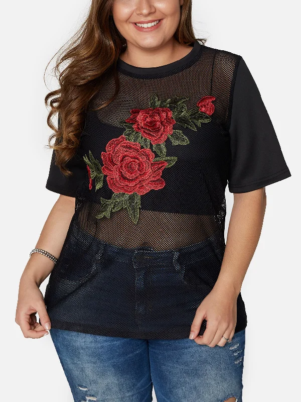 OEM ODM Round Neck Embroidered Hollow Half Sleeve Black Plus Size Tops