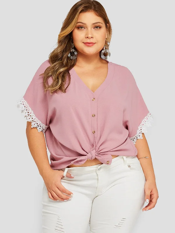 OEM ODM V-Neck Plain Lace Half Sleeve Pink Plus Size Tops