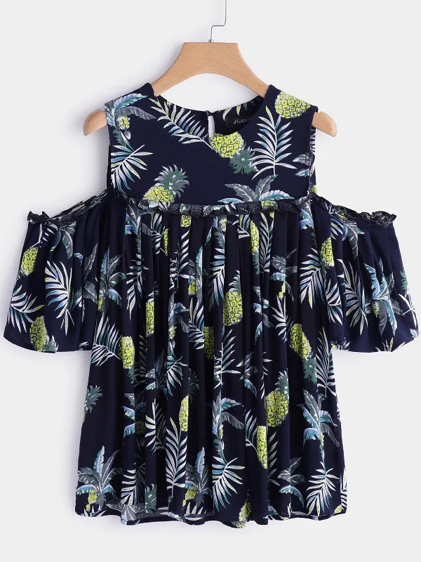 OEM ODM Round Neck Floral Print Pleated Half Sleeve Flounced Hem Plus Size Tops