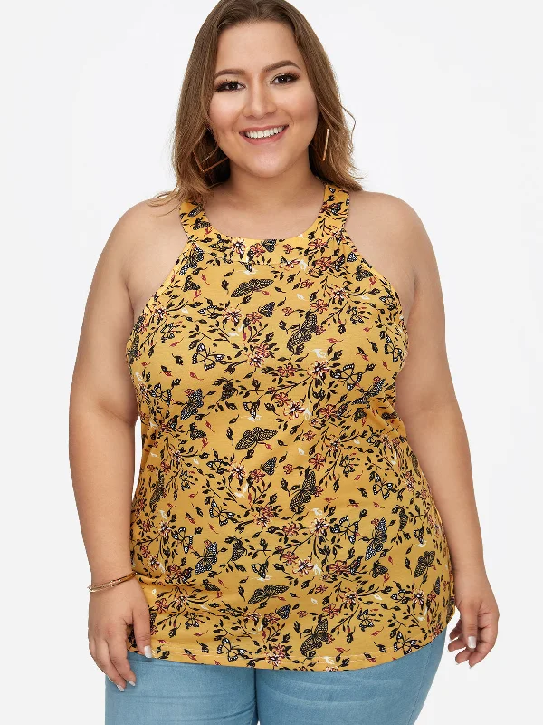 OEM ODM Round Neck Floral Print Calico Cut Out Sleeveless Yellow Plus Size Tops