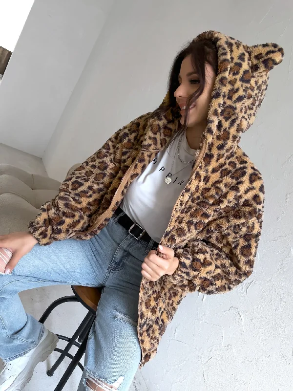 Casual Leopard Zipper Long Sleeve Hooded Short Women Jacket