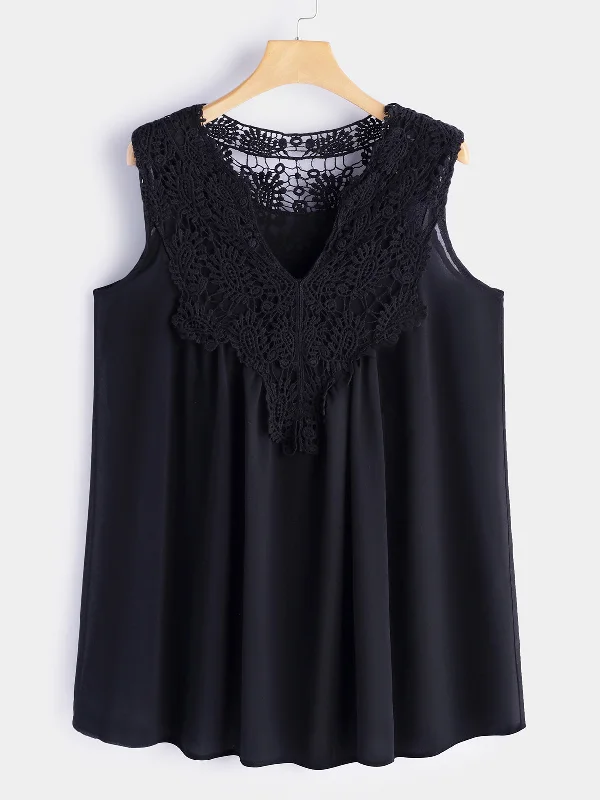 OEM ODM V-Neck Lace Sleeveless Flounced Hem Plus Size Tops