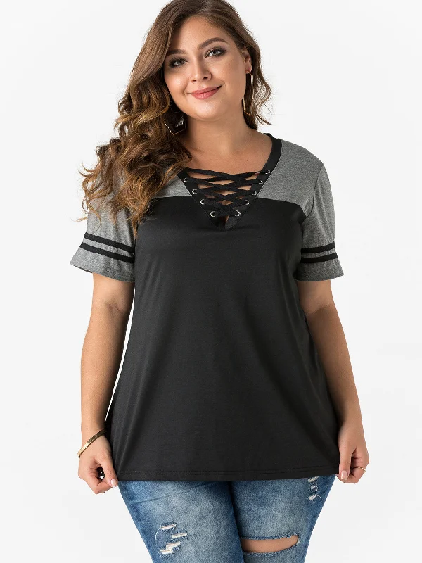 OEM ODM Deep V Neck Criss-Cross Short Sleeve Plus Size Tops