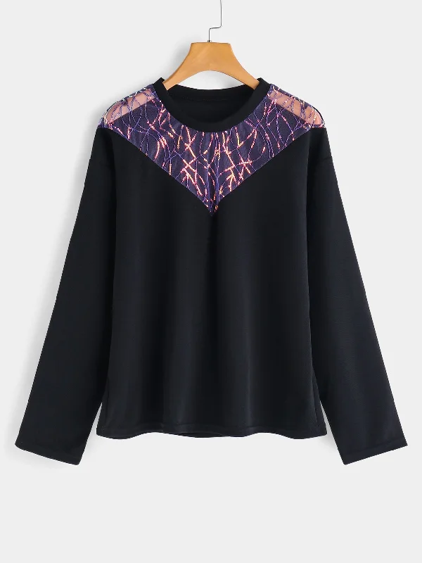 OEM ODM Round Neck Plain Sequins Embellished Long Sleeve Black Plus Size Tops