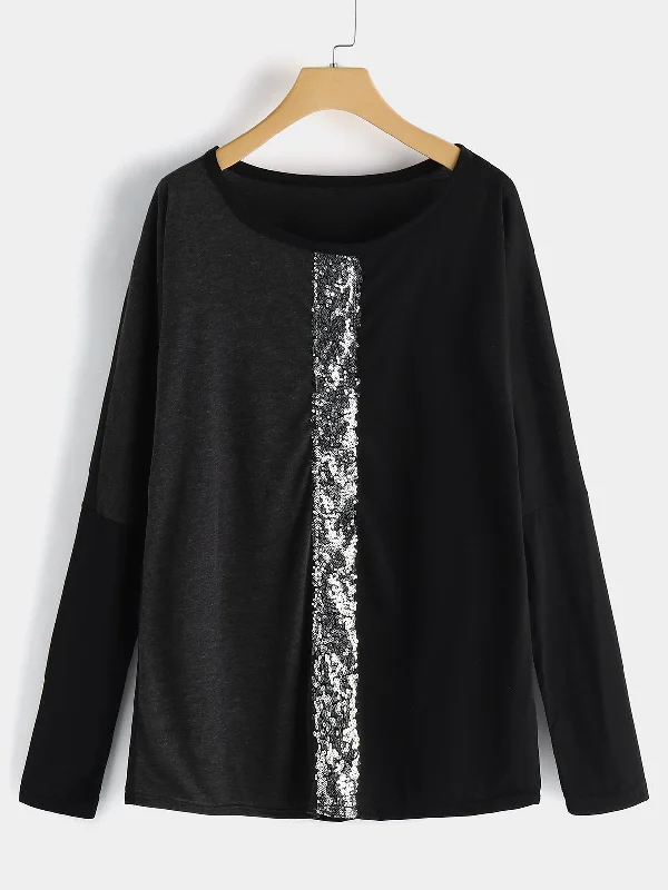 OEM ODM Round Neck Plain Sequins Embellished Long Sleeve Plus Size Tops