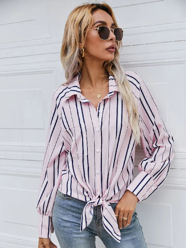 Casual Striped Button Front Long Sleeve Collar Regular Blouse