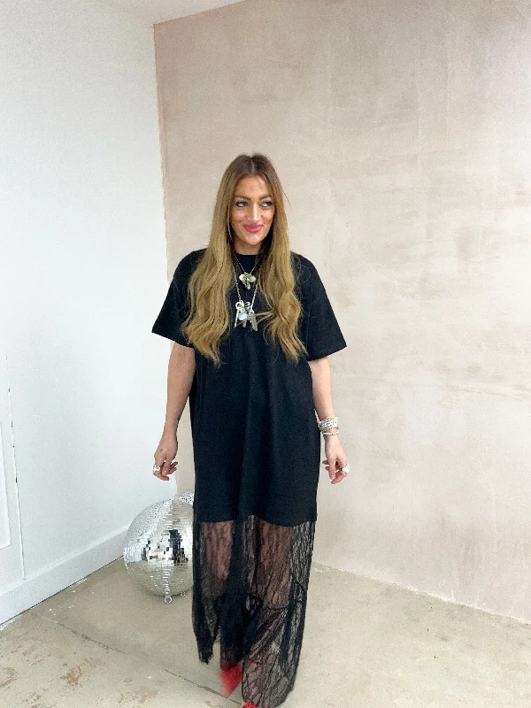 Black T-Shirt Dress With Lace Hem Skirt