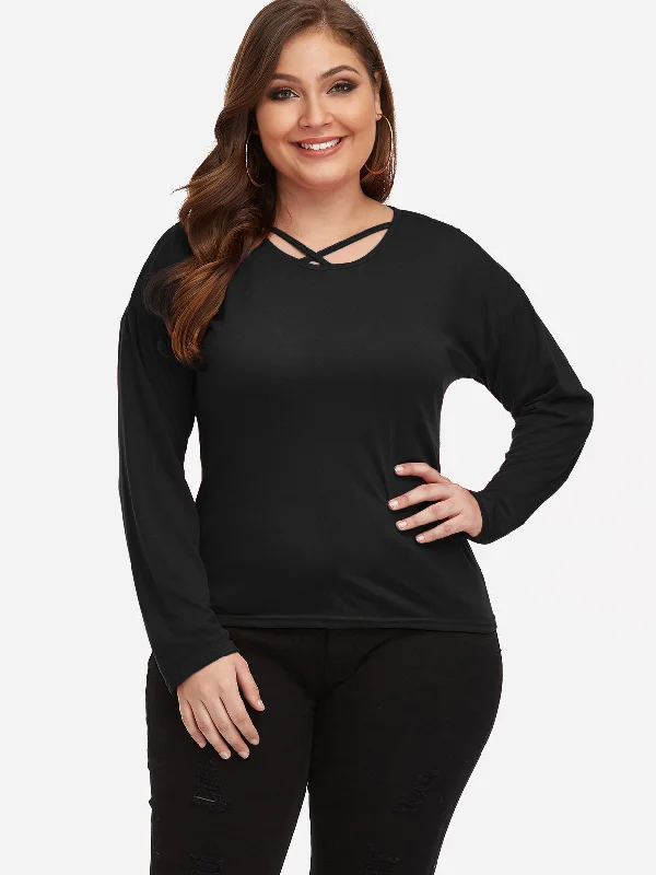 OEM ODM Round Neck Plain Criss-Cross Long Sleeve Black Plus Size Tops